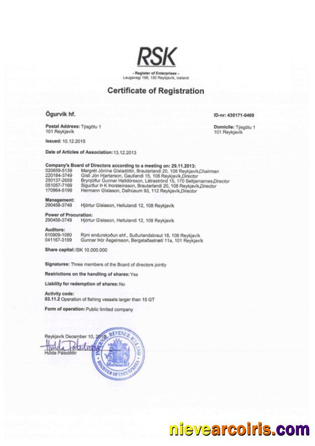 Iceland Certificate of Registration